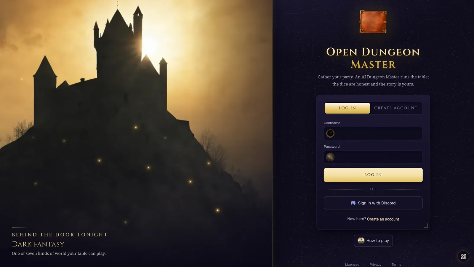 The front door of a self-hosted server: a painting of a dark fantasy castle with fireflies on the left, and the Log in and Create account form with Sign in with Discord on the right
