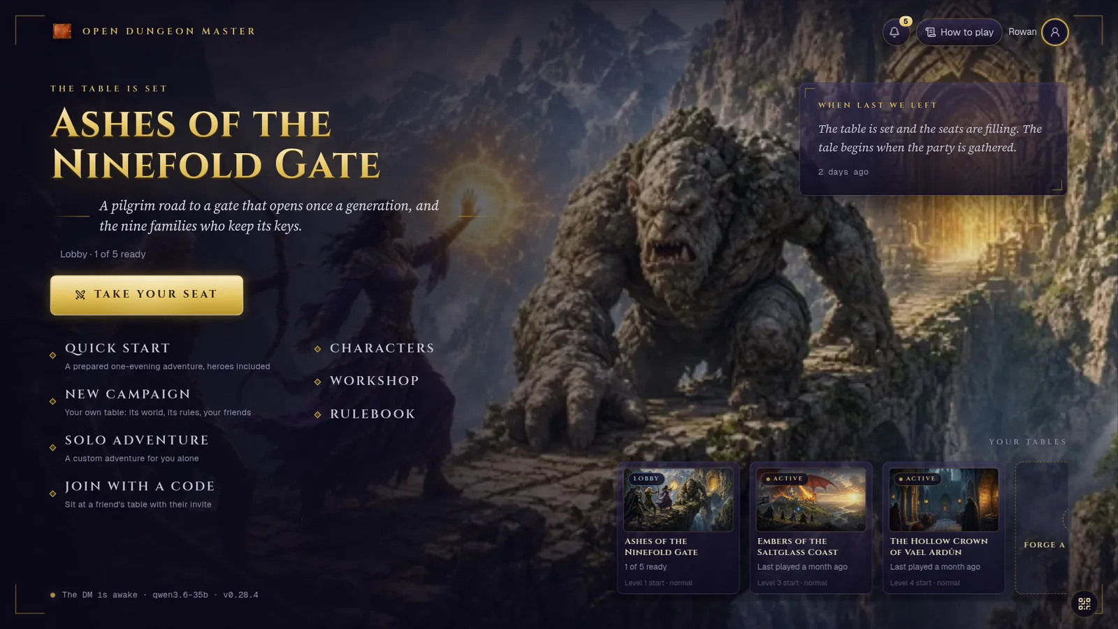 The home screen on a desktop: the next table, Ashes of the Ninefold Gate, with Take your seat, the grouped menu and the table list