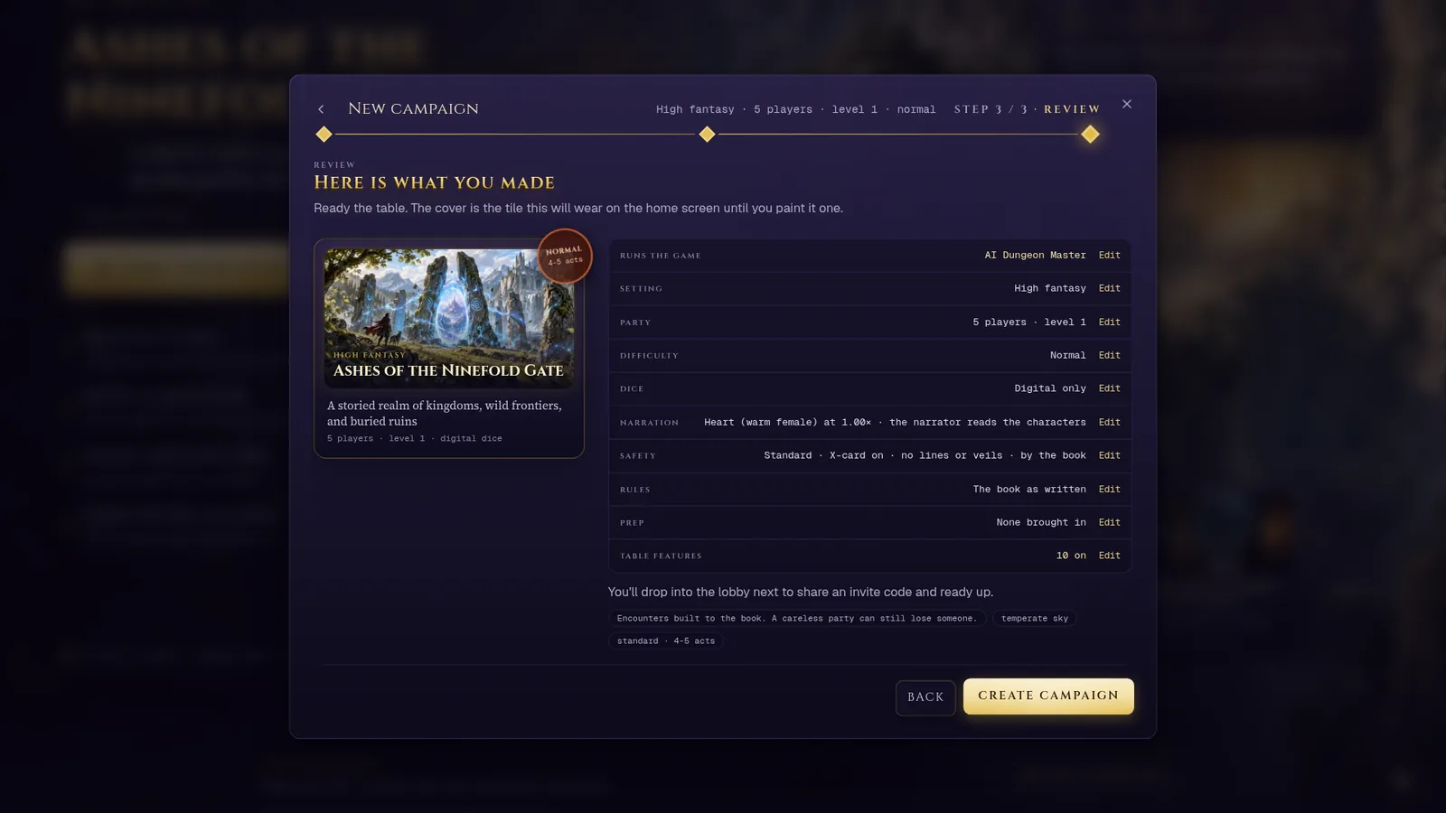 Step 3 of 3, Review, with the campaign cover and Edit links for the choices before Create campaign