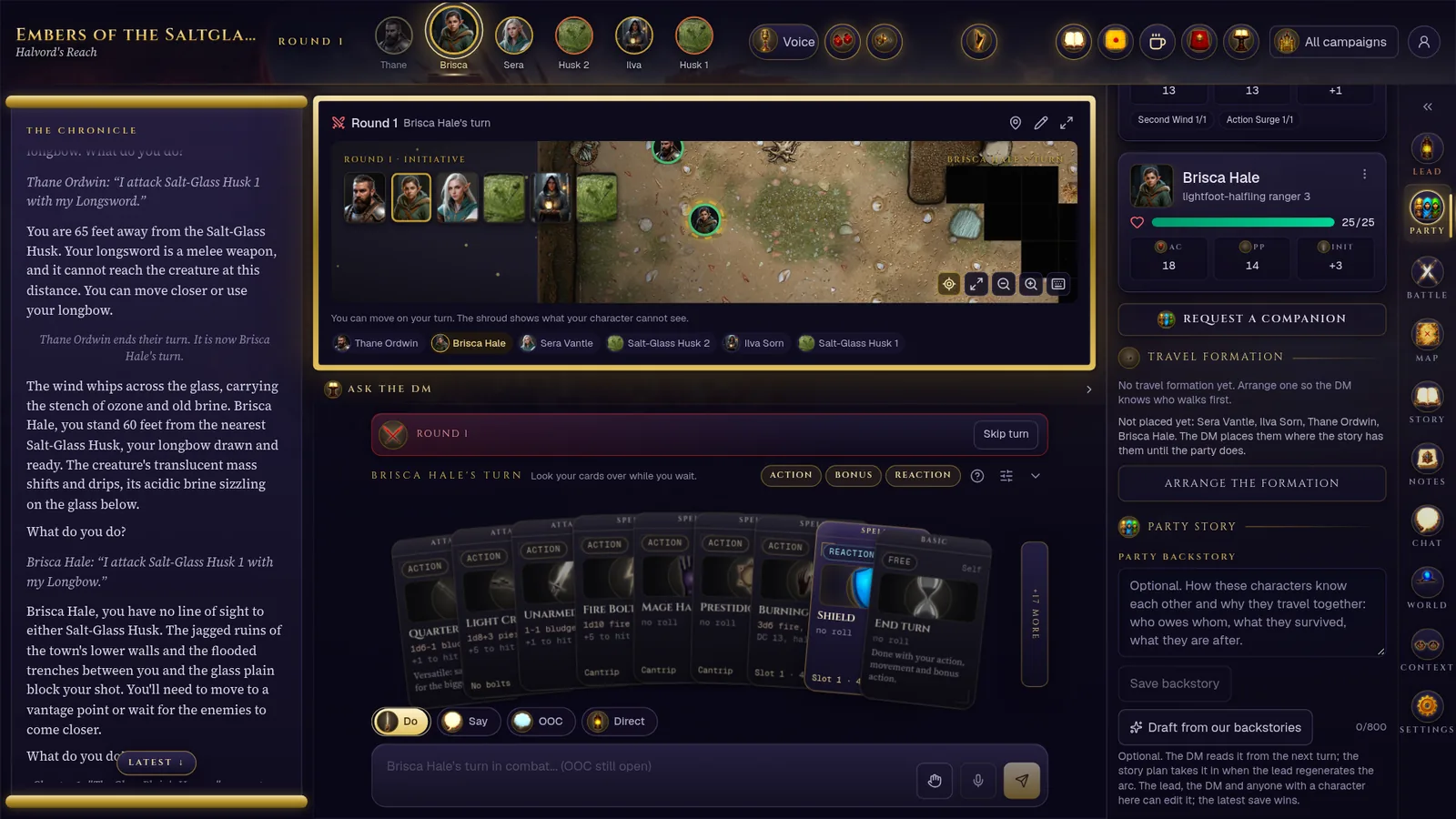The table with the Party tab open: the chronicle on the left, and on the right a character card with hit points, armour class and initiative, Request a companion, Travel formation, and the Party story with Draft from our backstories