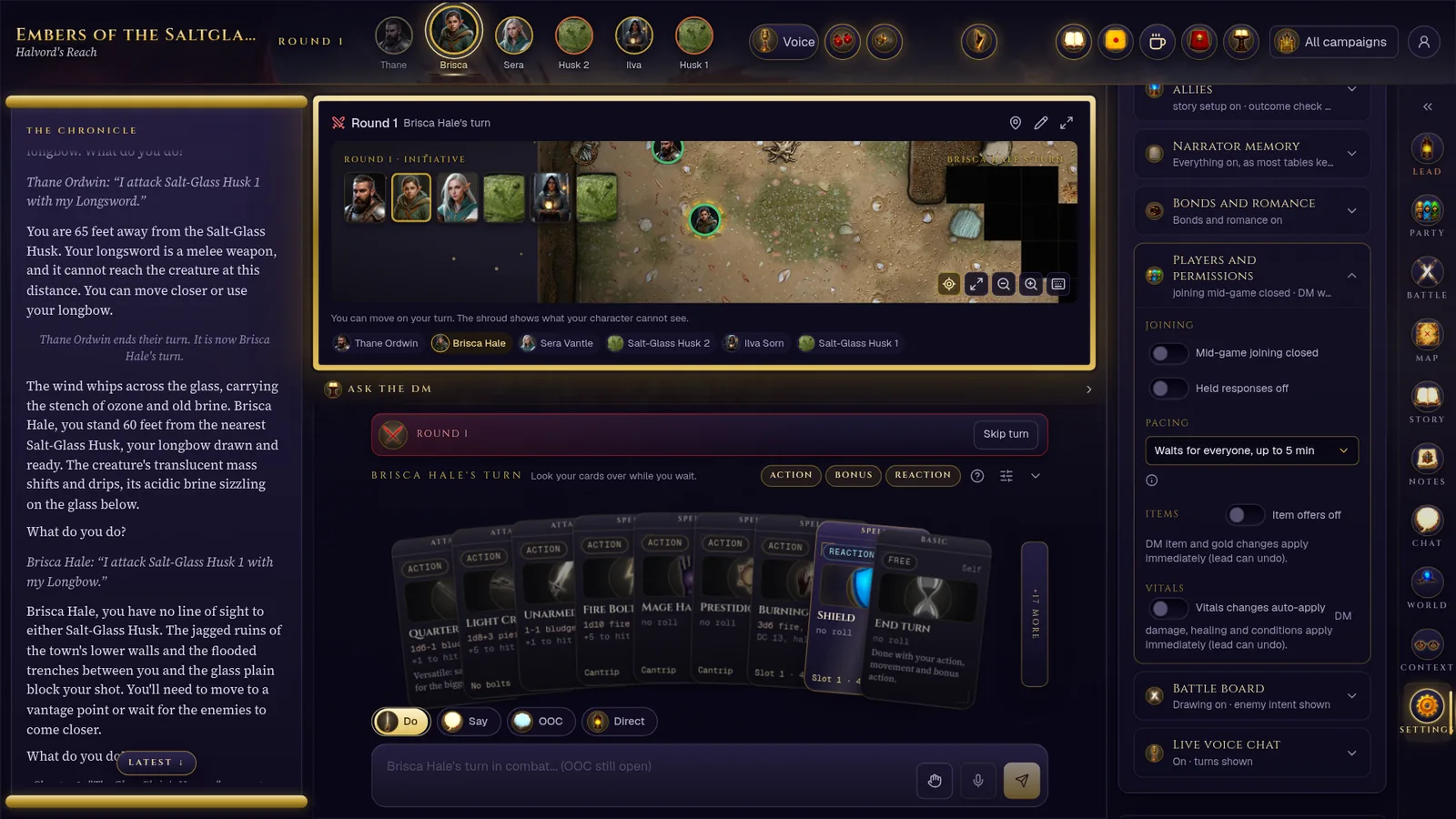 The Settings tab beside the chronicle with Players and permissions open: the joining and held-response switches, Pacing set to Waits for everyone, up to 5 min, and the item and vitals approvals