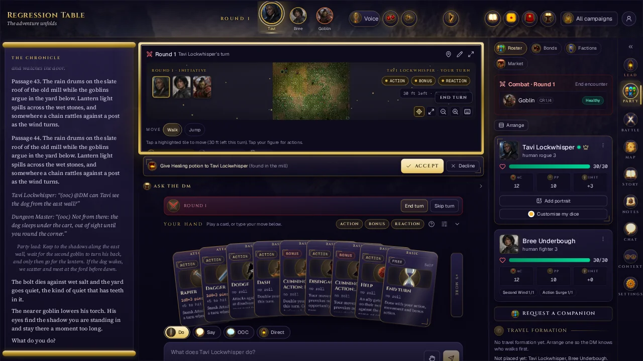 The table mid-fight: the chronicle on the left, the battle panel with the map and initiative rail in the middle, the Hand fanned below it with weapon, spell, feature and basic action cards showing their numbers, and the party on the right