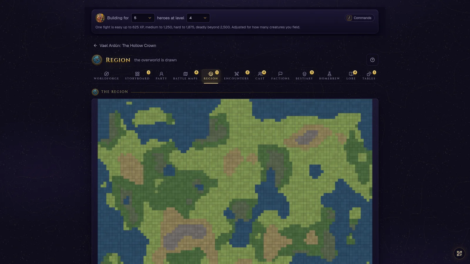 The region map editor: a painted hex map with coast, forest and mountains, roads and rivers drawn on it, place labels, and the tool rail