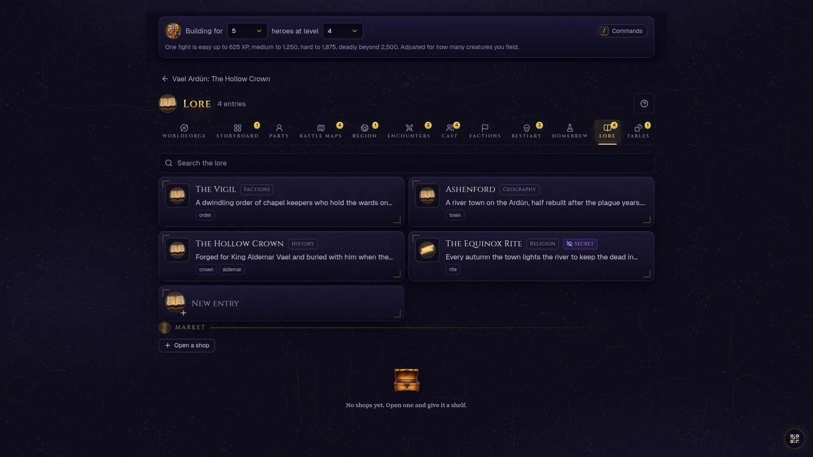 The lore editor: a list of entries on the left, an entry open with markdown, a secret block, wiki-style links and tags, and a Show this now button