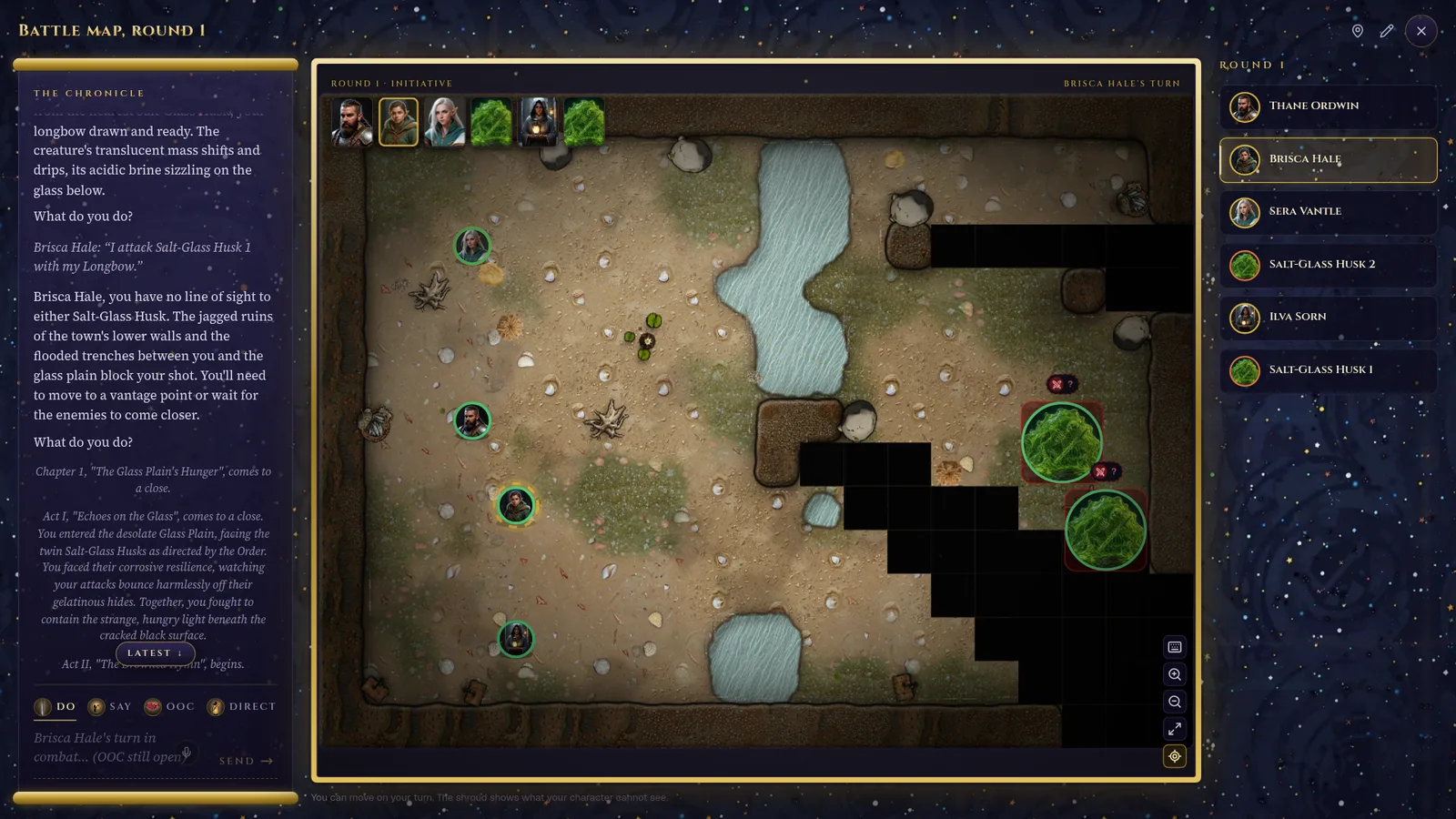 A battle map enlarged into the lightbox: painted stone and water terrain, walls with worn edges, props along the walls, fog over the unexplored part, and tokens wearing character portraits