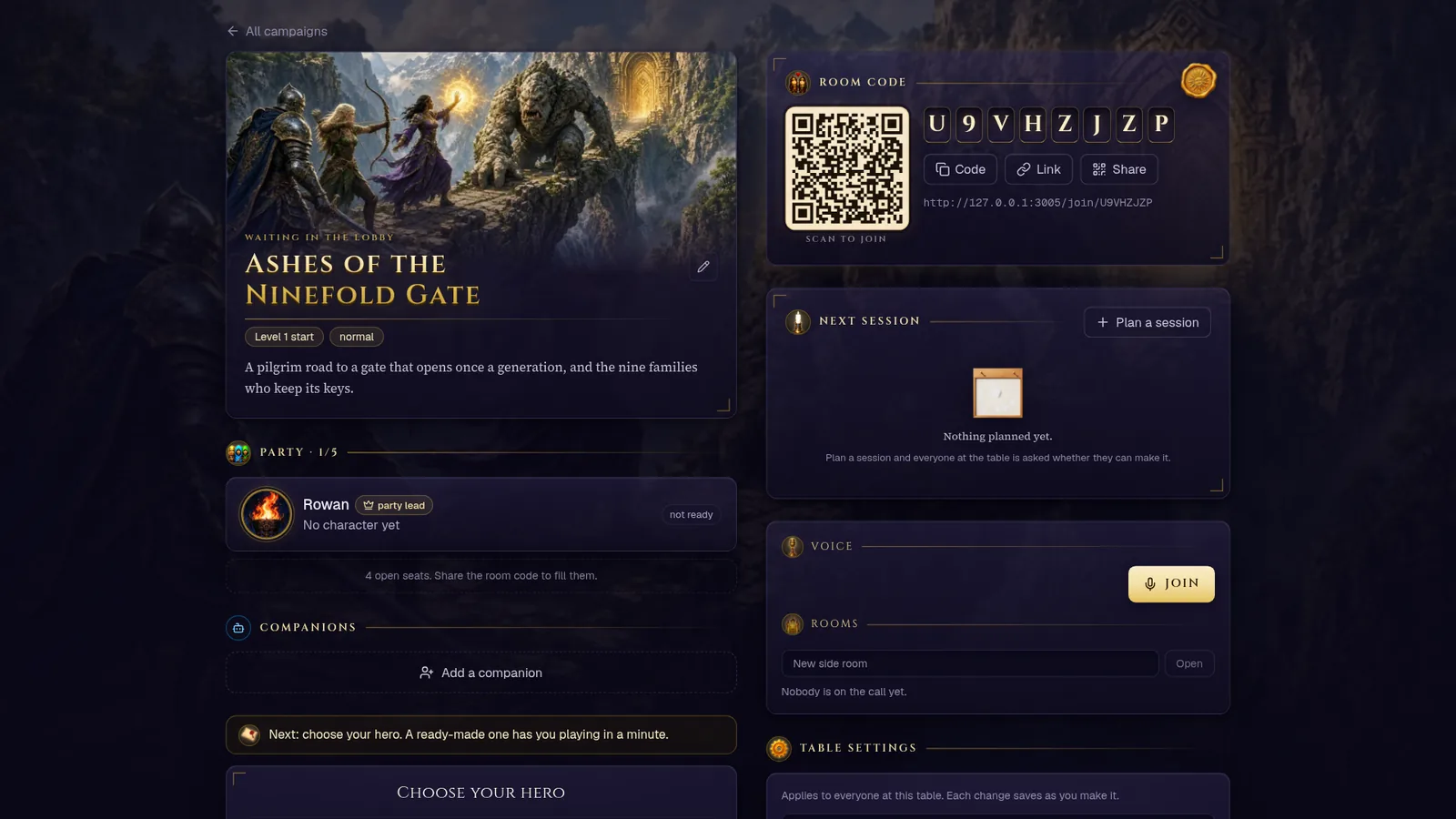 A campaign lobby: the cover and premise, the room code panel with a QR code and Code, Link and Share buttons, the party with its lead, Next session and Voice