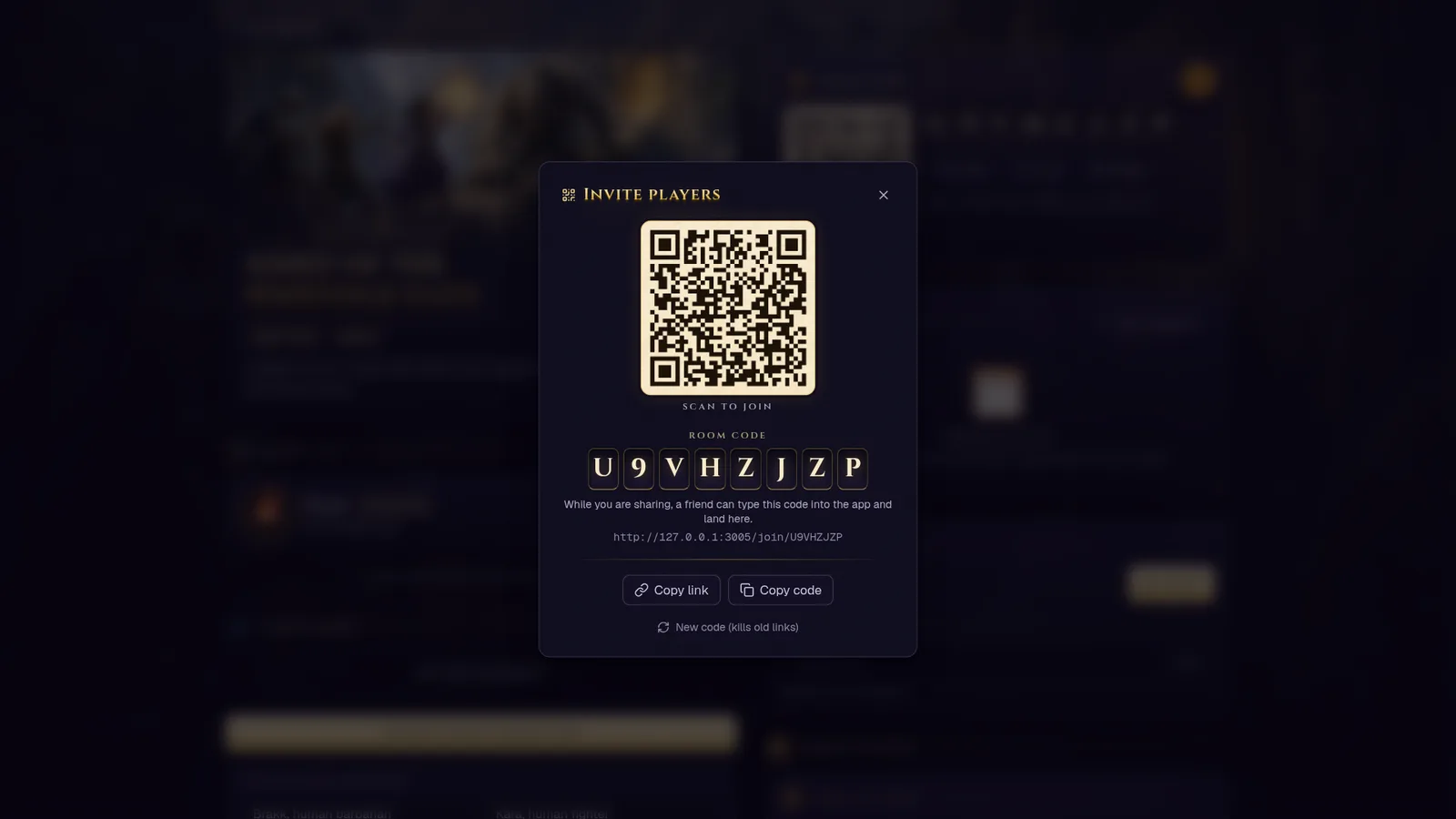 The Invite players dialog: a large QR code captioned Scan to join, the eight-letter room code in tiles, the join link, Copy link and Copy code buttons, and a New code option that kills old links
