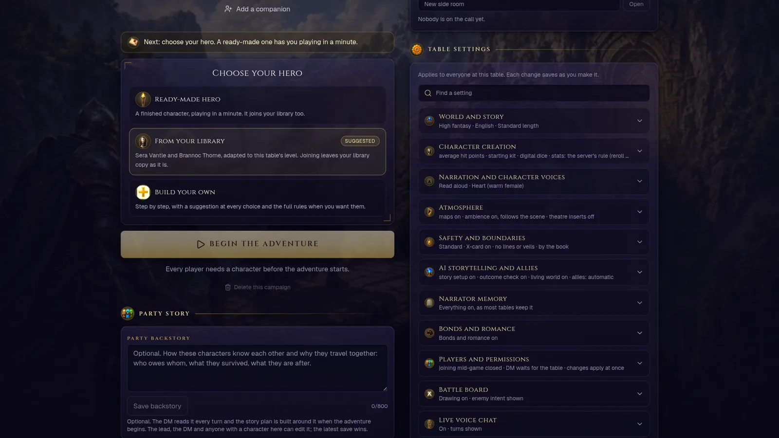 Lower in the lobby: Choose your hero with Ready-made hero, From your library marked as suggested and Build your own, then Begin the adventure and the Party story card, beside the grouped table settings