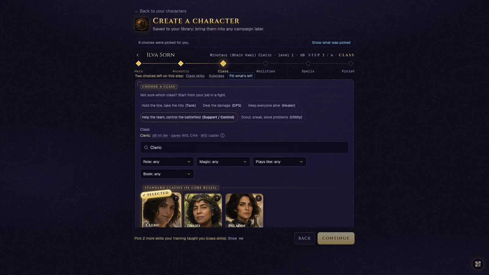 The character builder's Class step: a card grid of classes with the setting's recommended ones starred, and the skill and expertise picks for the chosen class