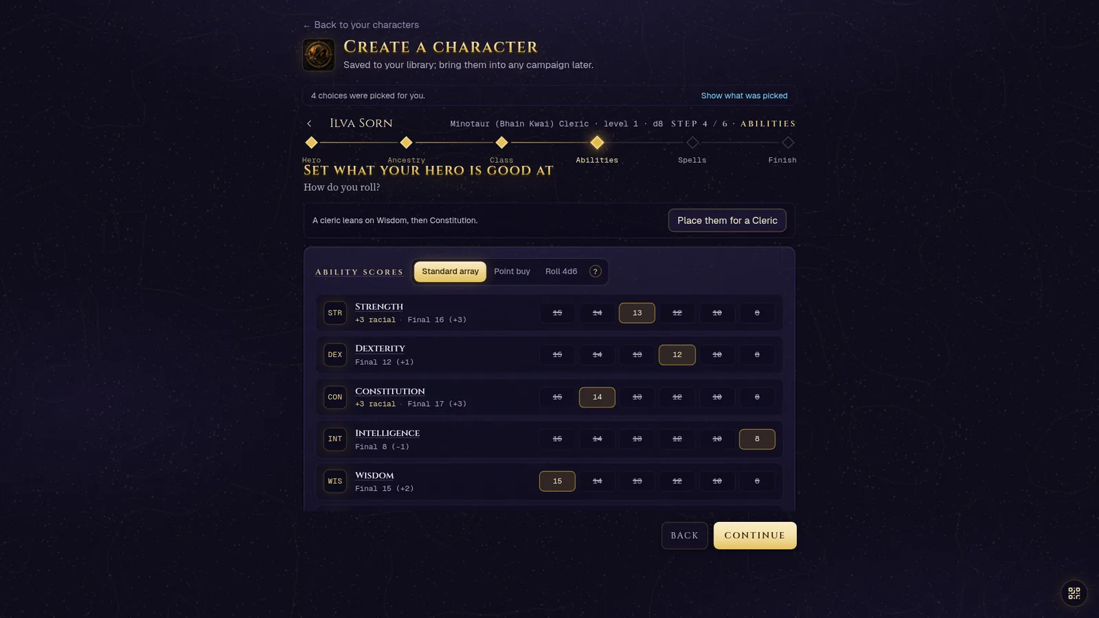 The Abilities step: Standard array chosen, its values placed across the six abilities with each final score, and Place them for a Cleric