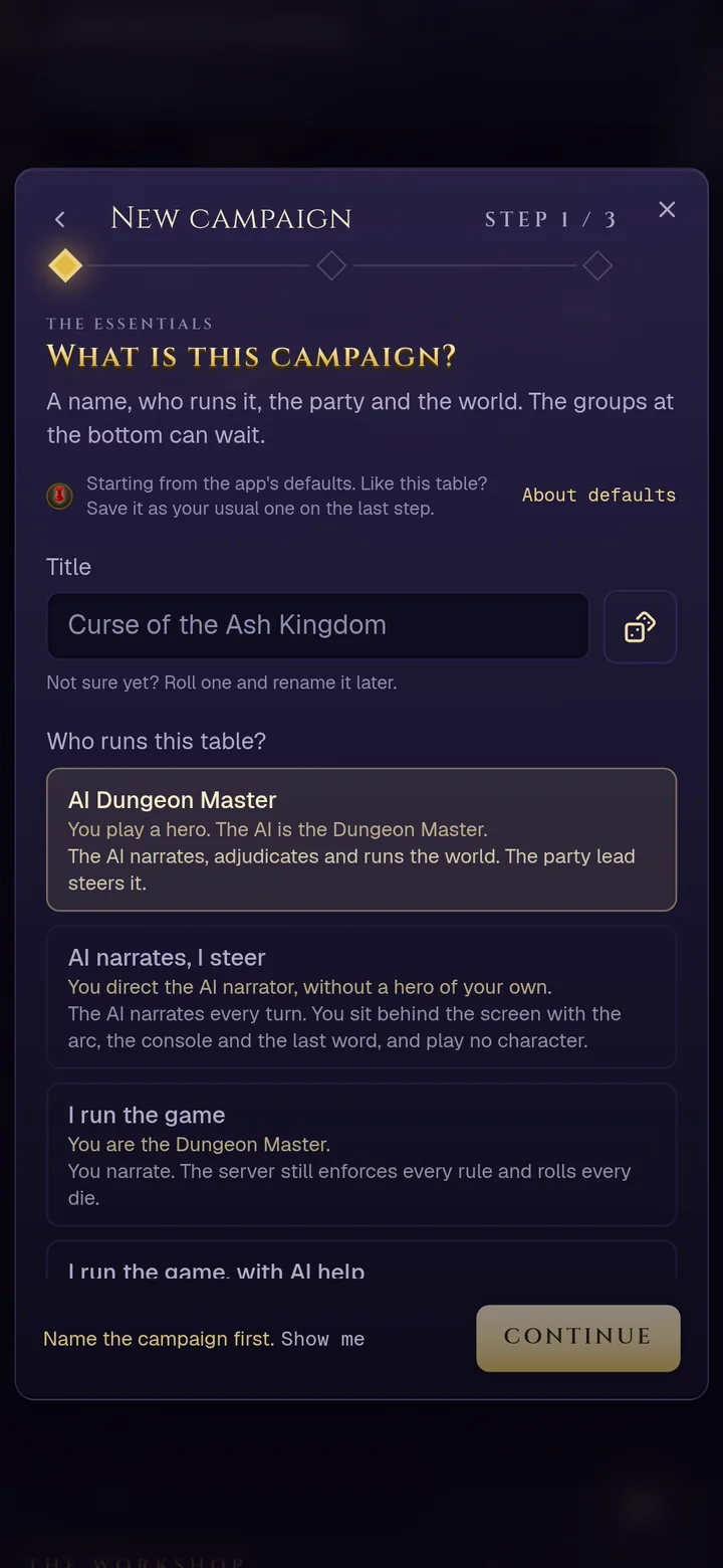 The campaign creator's Essentials step on a phone, with a three-step progress line