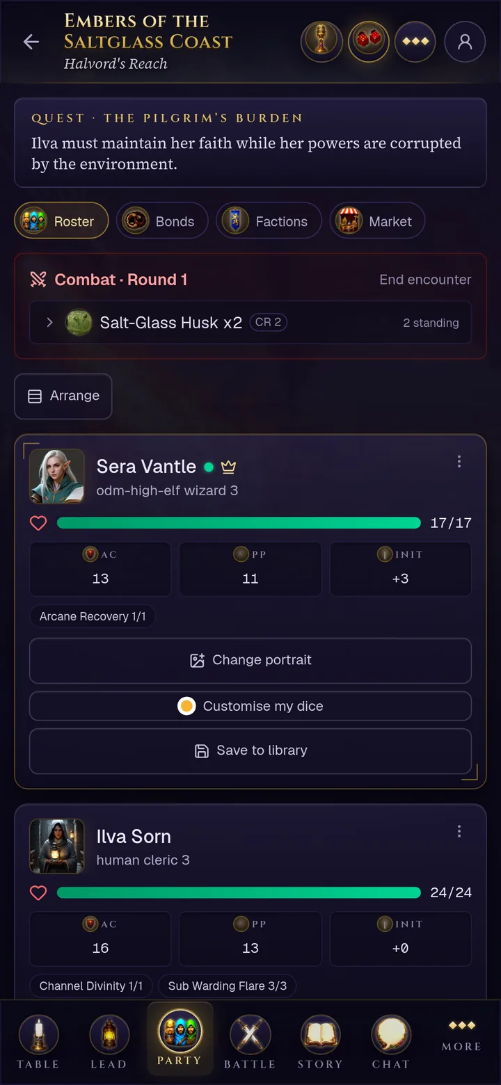 The Party tab on a phone: character cards with hit points, armour class and conditions