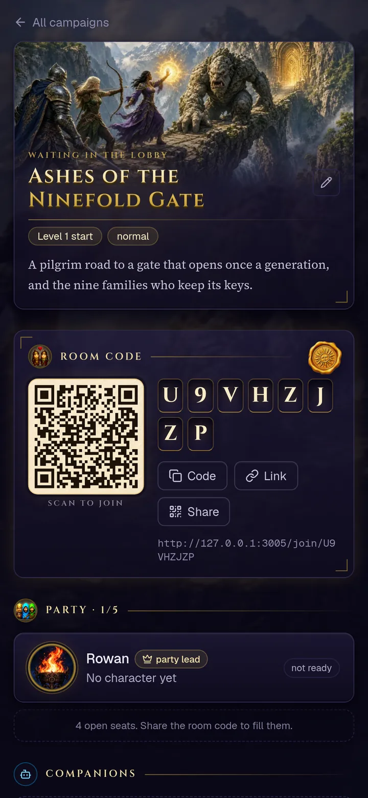 A campaign lobby on a phone, waiting in the lobby: the cover, the room code panel with QR, Code, Link and Share buttons, and the party list showing the party lead with no character yet