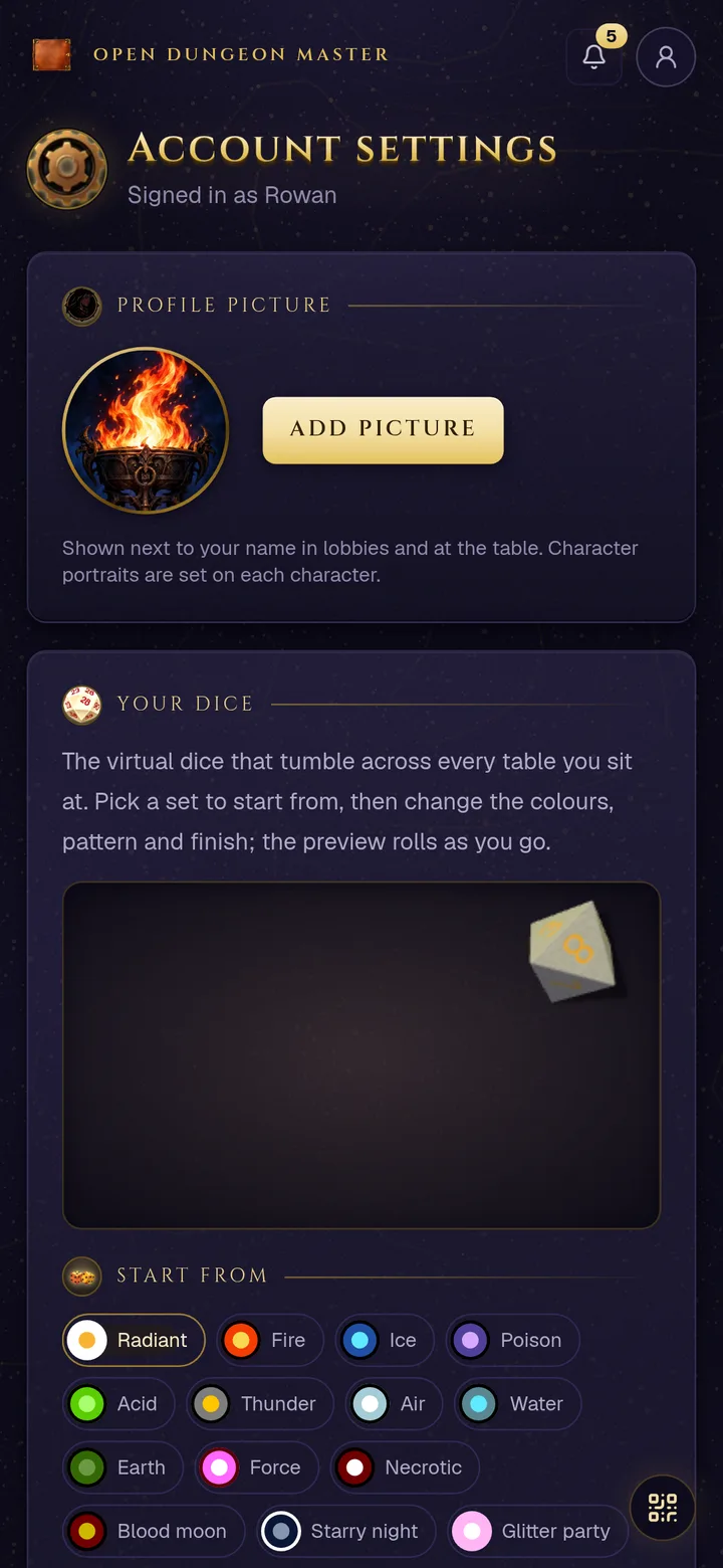 Account settings on a phone: the profile picture, then Your dice with the live tray and preset chips