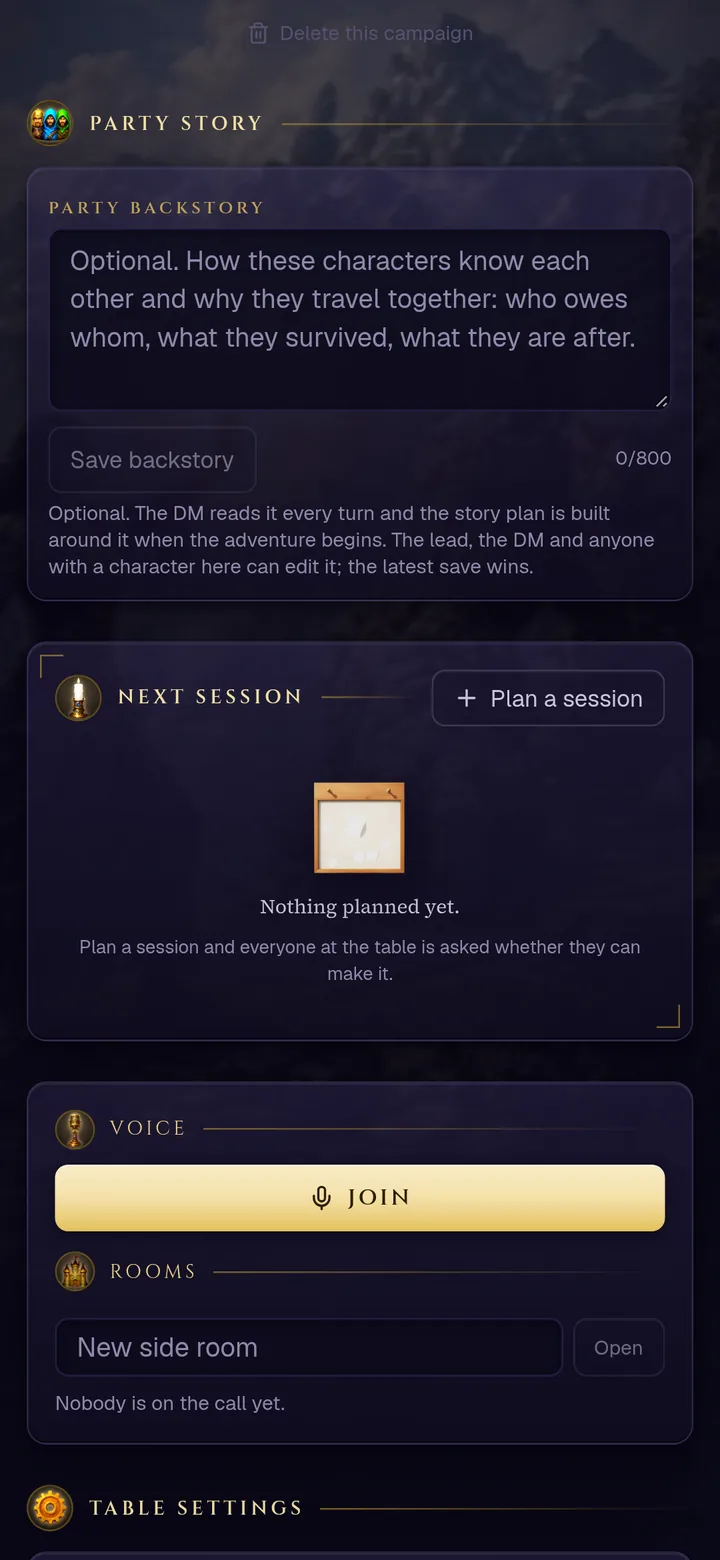 The Party story card on a phone: the party backstory box, Save backstory, and a note that the DM reads it every turn
