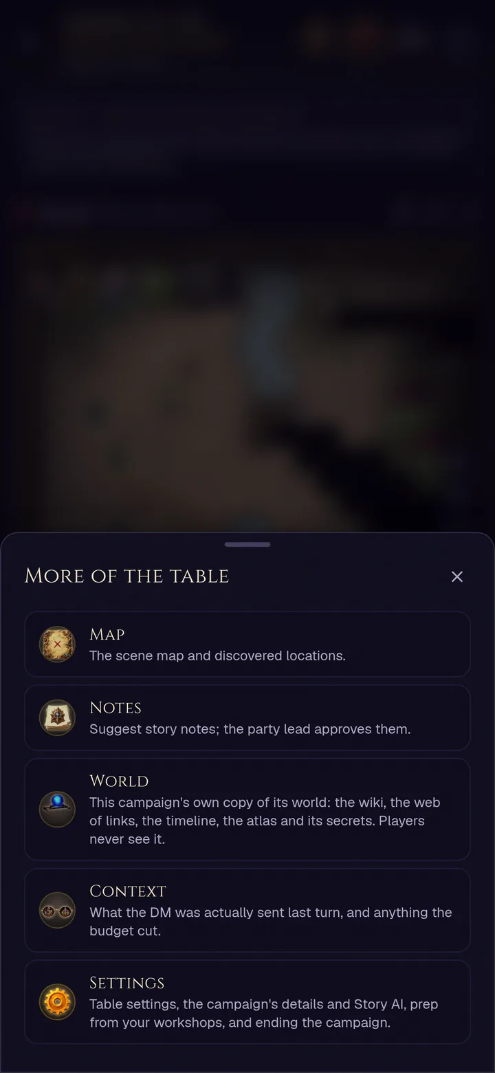 More on a phone lists Map, Notes, World, Context and Settings, with a description of each panel