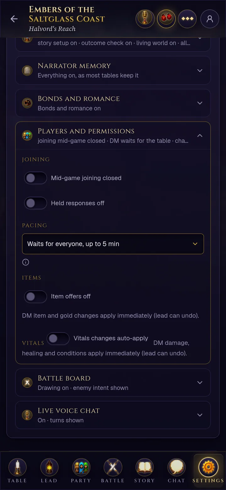 Settings on a phone with Players and permissions open and its Pacing picker