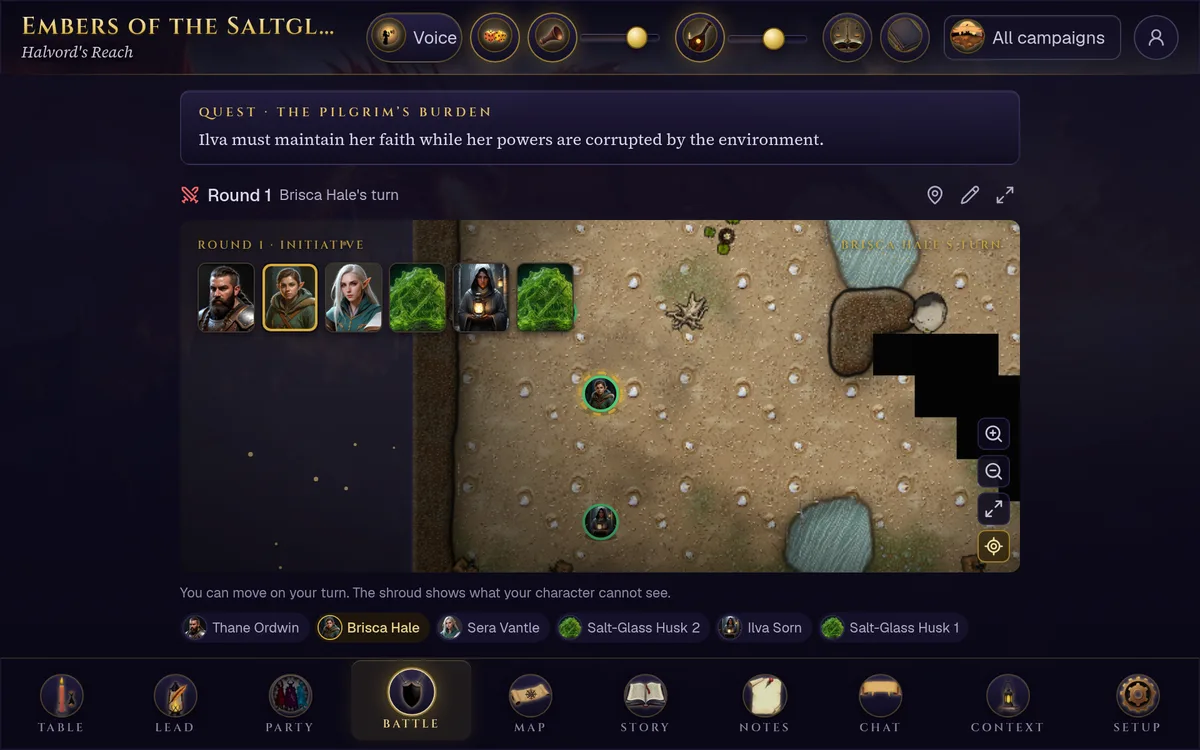 The table on a seven-inch tablet in landscape: the Battle tab with the initiative portraits over the battle map, the turn order under it, and the tab bar along the bottom
