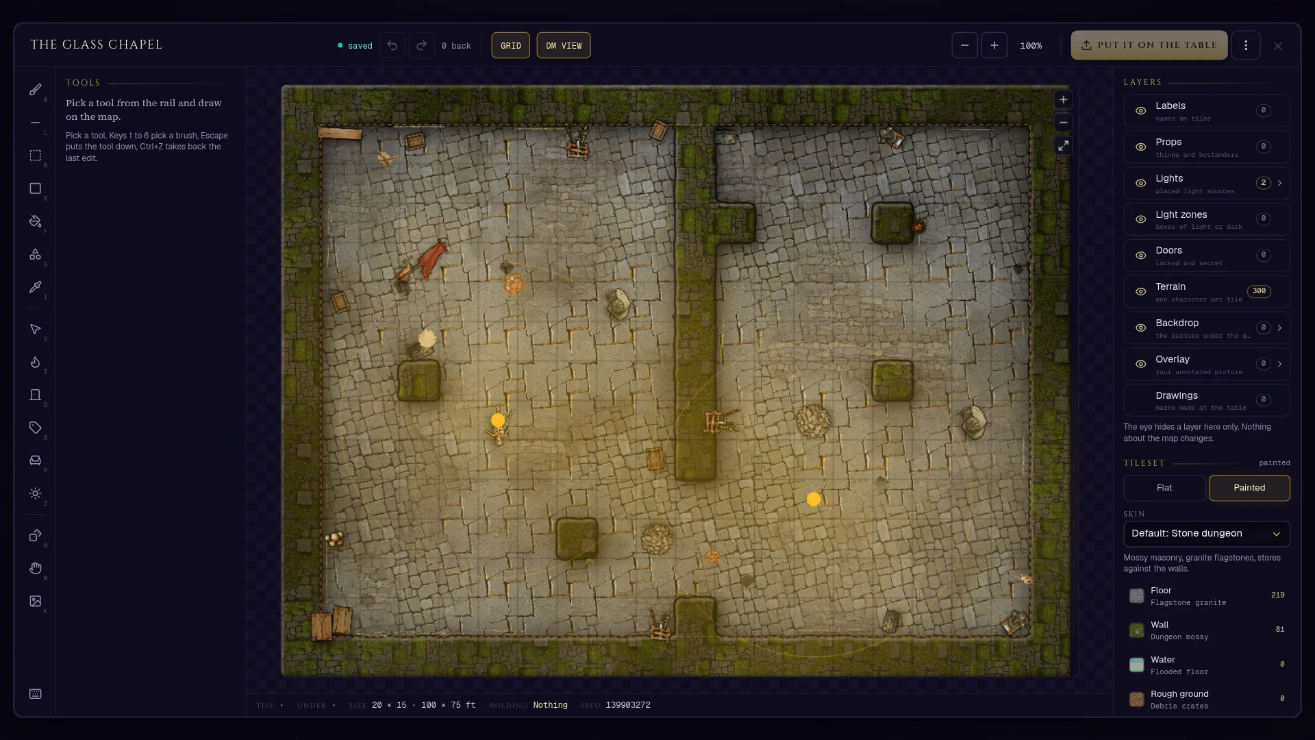 The map studio: a place described in plain words, the words the generator recognised, and the battle map it rolled from them