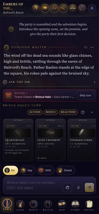 Embers of the Saltglass Coast on a phone: Dungeon Master narration above the hand of cards, the Do, Say, OOC and Direct input modes and the table navigation bar